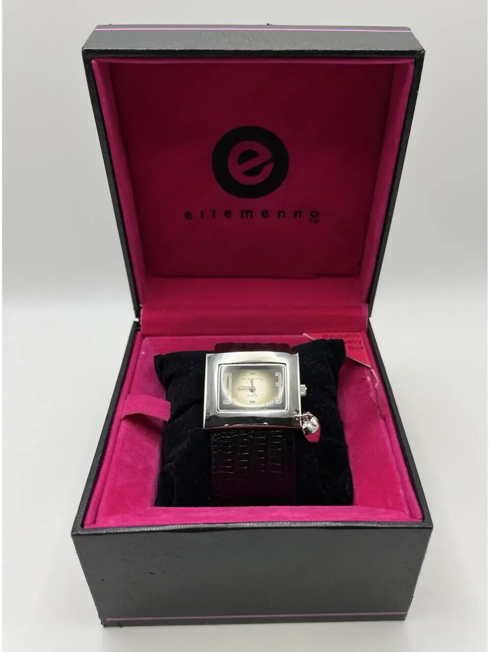 ellemenno watch womens black band silvercase with small heart charm working NWOT